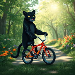 A panther riding a small pushbike, its sleek black fur contrasting with the colorful bike