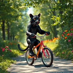 A panther riding a small pushbike, its sleek black fur contrasting with the colorful bike