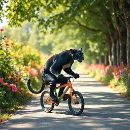 A panther riding a small pushbike, its sleek black fur contrasting with the colorful bike