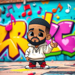 A whimsical scene featuring a miniature version of Drake, styled as a vibrant cartoon character