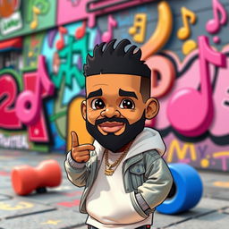 A whimsical scene featuring a miniature version of Drake, styled as a vibrant cartoon character