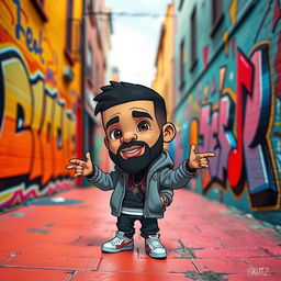 A whimsical scene featuring a miniature version of Drake, styled as a vibrant cartoon character
