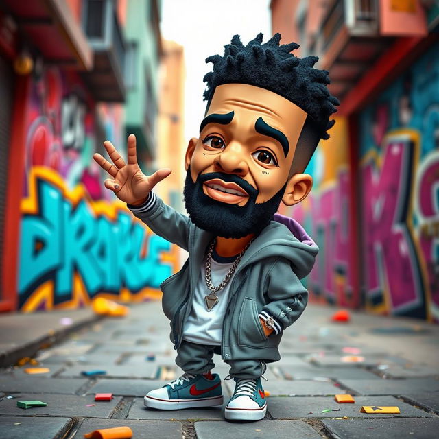 A whimsical scene featuring a miniature version of Drake, styled as a vibrant cartoon character