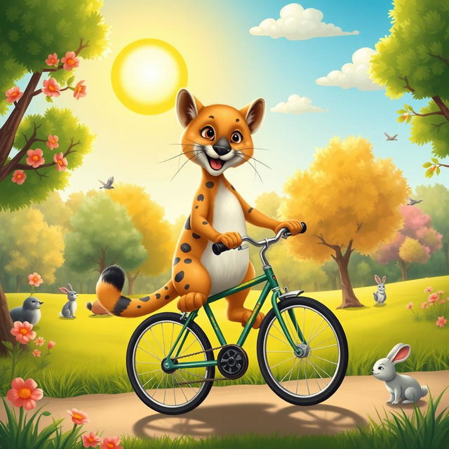 A whimsical and playful depiction of a puma riding a small bicycle