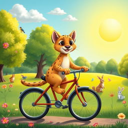 A whimsical and playful depiction of a puma riding a small bicycle