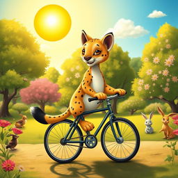 A whimsical and playful depiction of a puma riding a small bicycle