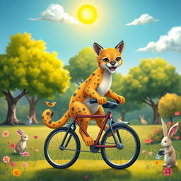 A whimsical and playful depiction of a puma riding a small bicycle