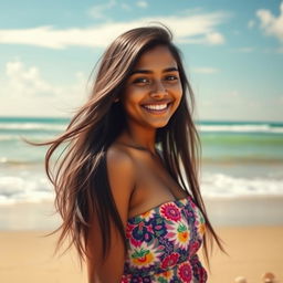 A beautiful twenty-year-old Indian woman standing on a sunny beach, her long black hair gently blowing in the breeze
