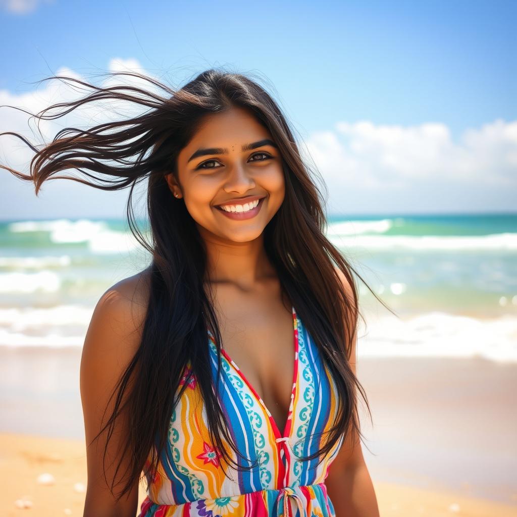 A beautiful twenty-year-old Indian woman standing on a sunny beach, her long black hair gently blowing in the breeze