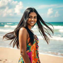 A beautiful twenty-year-old Indian woman standing on a sunny beach, her long black hair gently blowing in the breeze