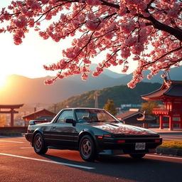 A classic Toyota AE86 Trueno parked gracefully under a vibrant Sakura tree in full bloom