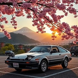A classic Toyota AE86 Trueno parked gracefully under a vibrant Sakura tree in full bloom