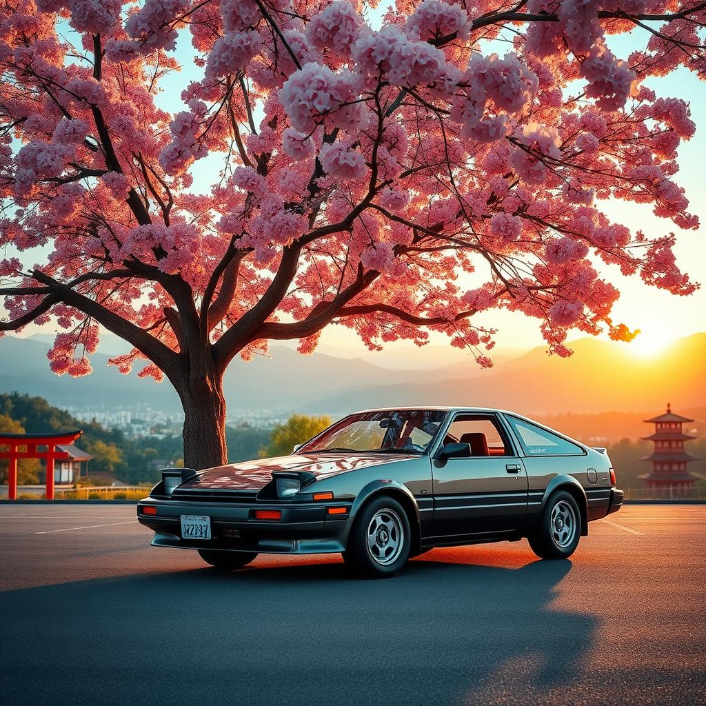 A classic Toyota AE86 Trueno parked gracefully under a vibrant Sakura tree in full bloom
