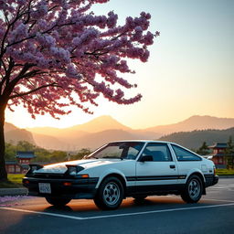 A classic Toyota AE86 Trueno parked gracefully under a vibrant Sakura tree in full bloom