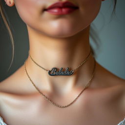 A close-up portrait of a real girl with only her neck visible, elegantly adorned with a toe-shaped necklace around her neck