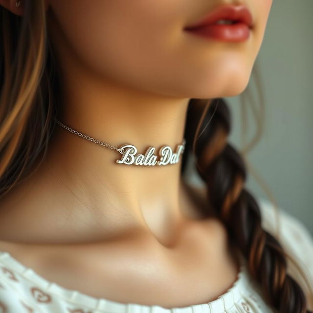 A close-up portrait of a real girl with only her neck visible, elegantly adorned with a toe-shaped necklace around her neck