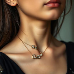 A close-up portrait of a real girl with only her neck visible, elegantly adorned with a toe-shaped necklace around her neck