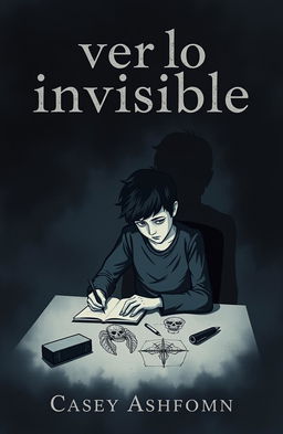 A minimalist and dark book cover featuring a teenage character with a troubled expression, sitting at a desk