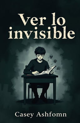 A minimalist and dark book cover featuring a teenage character with a troubled expression, sitting at a desk