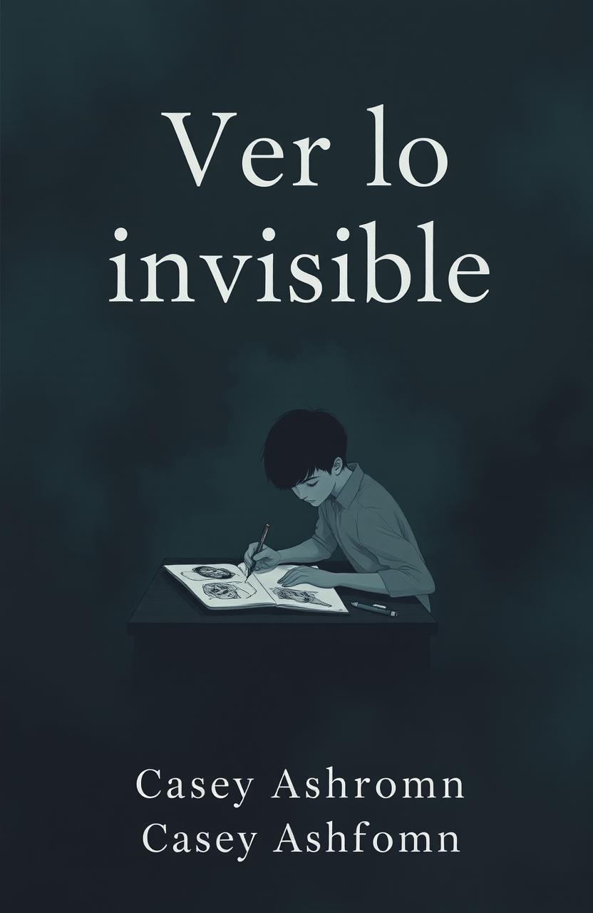 A minimalist and dark book cover featuring a teenage character with a troubled expression, sitting at a desk