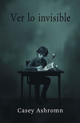 A minimalist and dark book cover featuring a teenage character with a troubled expression, sitting at a desk