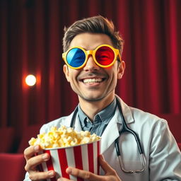 A cheerful doctor wearing bright 3D cinema glasses, with large round frames that accentuate the colorful lenses
