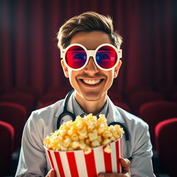 A cheerful doctor wearing bright 3D cinema glasses, with large round frames that accentuate the colorful lenses