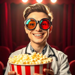 A cheerful doctor wearing bright 3D cinema glasses, with large round frames that accentuate the colorful lenses