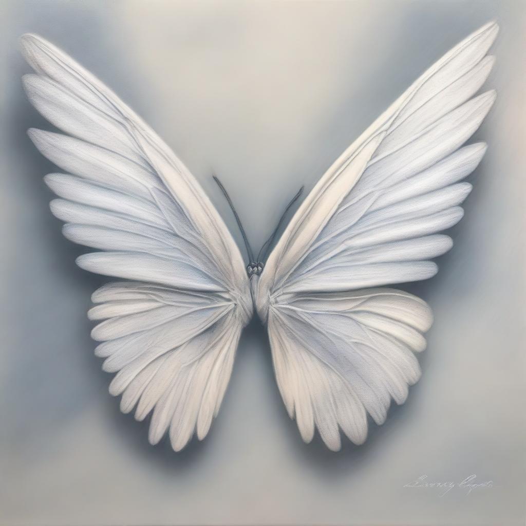 This is a monochromatic pastel drawing featuring a pair of wings