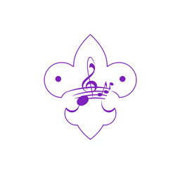 A logo design featuring the scout emblem, integrated with musical notes, in a predominant purple color scheme