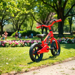 A vibrant scene of a colorful balance bike parked on a sunny day in a park