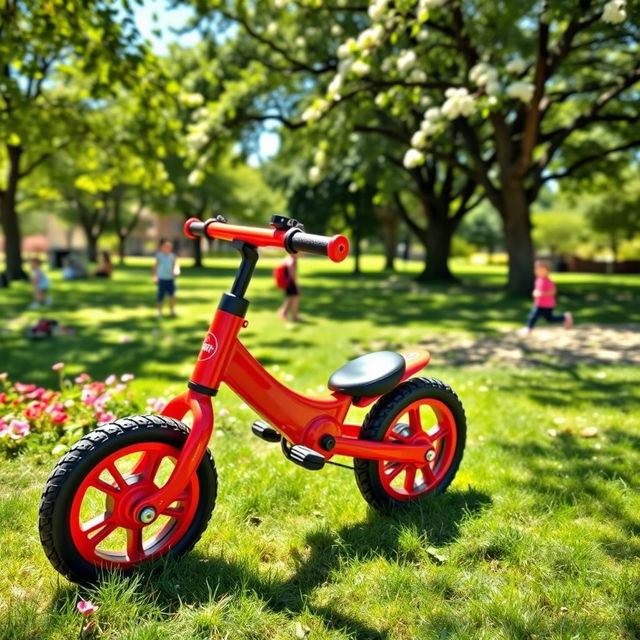 A vibrant scene of a colorful balance bike parked on a sunny day in a park