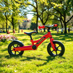 A vibrant scene of a colorful balance bike parked on a sunny day in a park