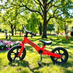 A vibrant scene of a colorful balance bike parked on a sunny day in a park