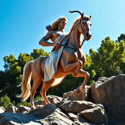A majestic Greek centaur standing on a rocky hillside, with lush green trees and a clear blue sky in the background