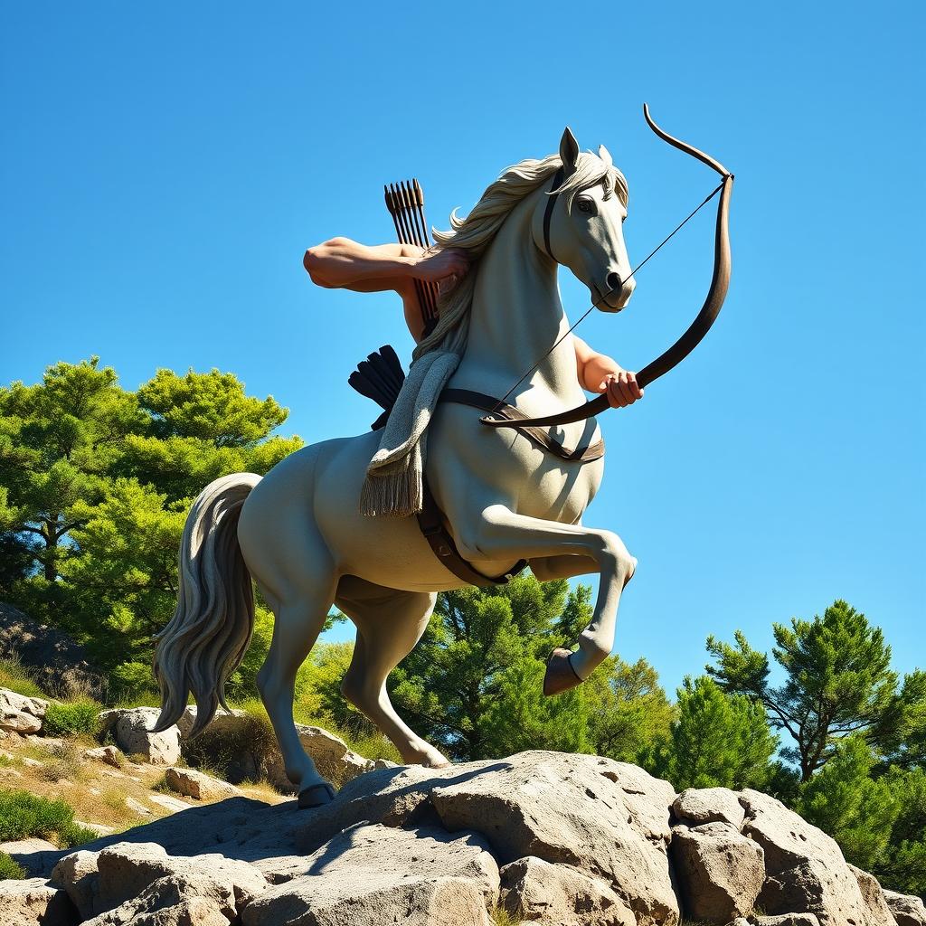 A majestic Greek centaur standing on a rocky hillside, with lush green trees and a clear blue sky in the background