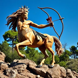 A majestic Greek centaur standing on a rocky hillside, with lush green trees and a clear blue sky in the background