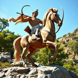 A majestic Greek centaur standing on a rocky hillside, with lush green trees and a clear blue sky in the background
