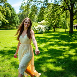 A serene outdoor scene featuring a young woman with long, flowing brown hair dressed in a flowing sundress, holding hands with a partner as they stroll through a lush green park