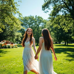A serene outdoor scene featuring a young woman with long, flowing brown hair dressed in a flowing sundress, holding hands with a partner as they stroll through a lush green park