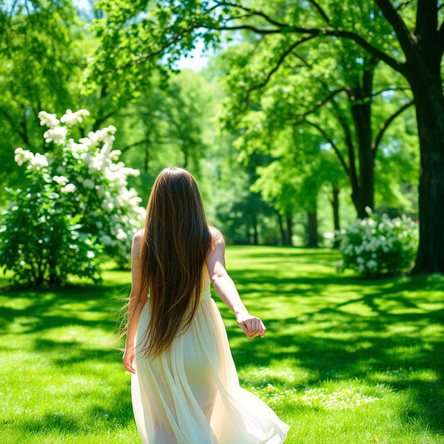 A serene outdoor scene featuring a young woman with long, flowing brown hair dressed in a flowing sundress, holding hands with a partner as they stroll through a lush green park