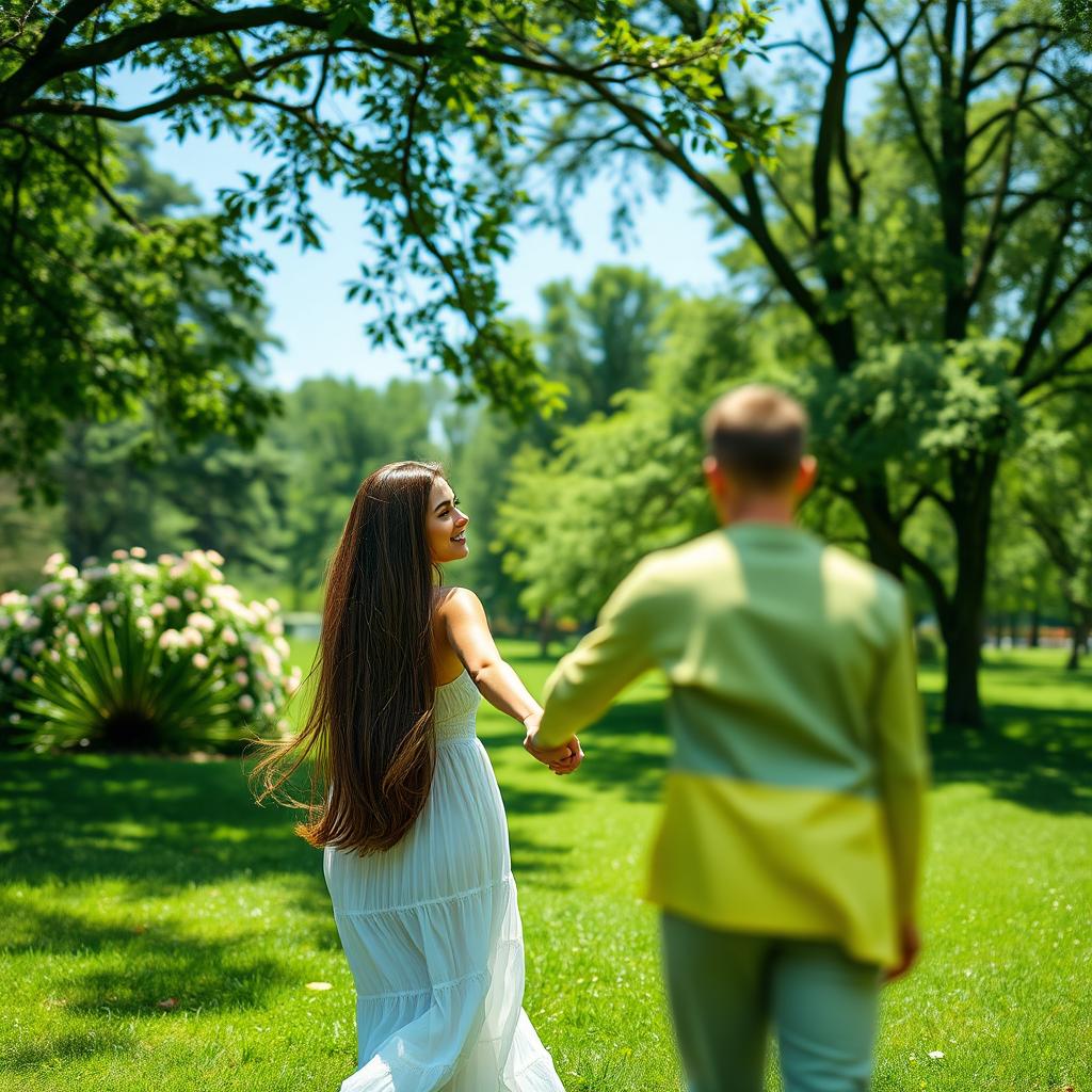 A serene outdoor scene featuring a young woman with long, flowing brown hair dressed in a flowing sundress, holding hands with a partner as they stroll through a lush green park