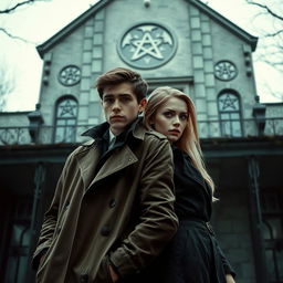 A young male detective leaning casually against a beautiful female paranormal figure, both exuding an air of mystery