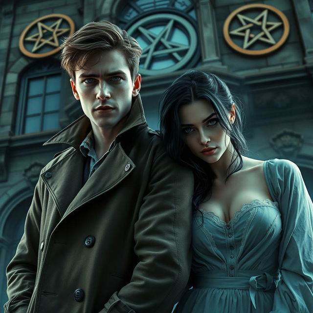 A young male detective leaning casually against a beautiful female paranormal figure, both exuding an air of mystery