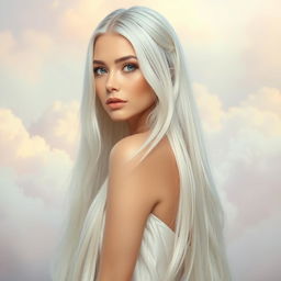 A stunning woman with long, flowing white hair that cascades down her back like a silken waterfall