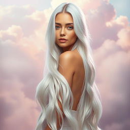 A stunning woman with long, flowing white hair that cascades down her back like a silken waterfall