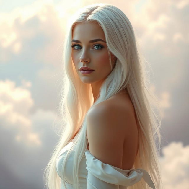 A stunning woman with long, flowing white hair that cascades down her back like a silken waterfall