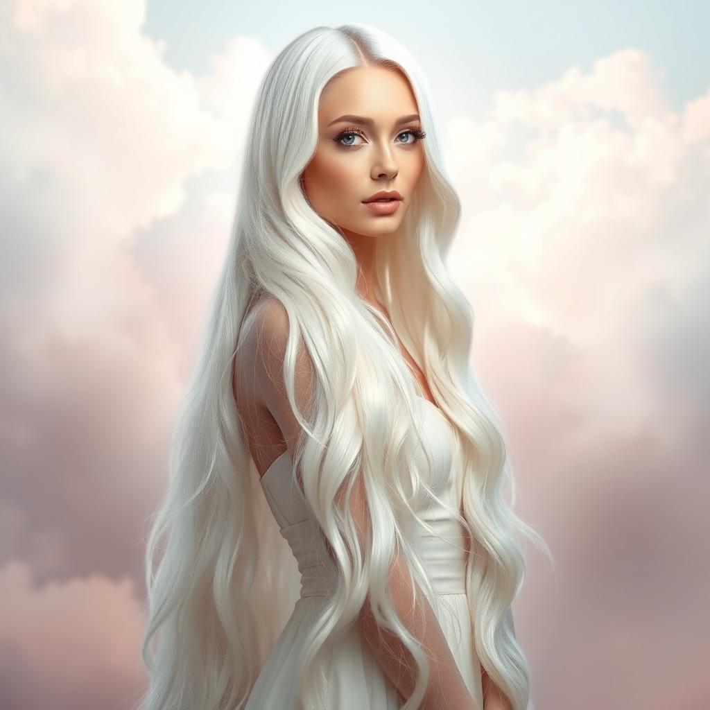 A stunning woman with long, flowing white hair that cascades down her back like a silken waterfall