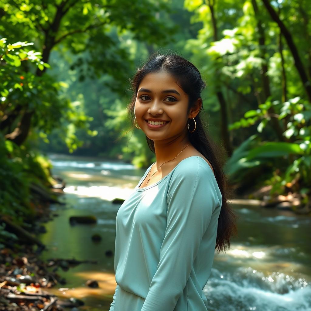 A beautiful Indian girl in her twenties standing alone in a dense forest by the bank of a flowing river