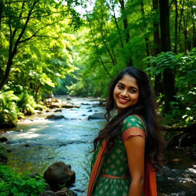 A beautiful Indian girl in her twenties standing alone in a dense forest by the bank of a flowing river